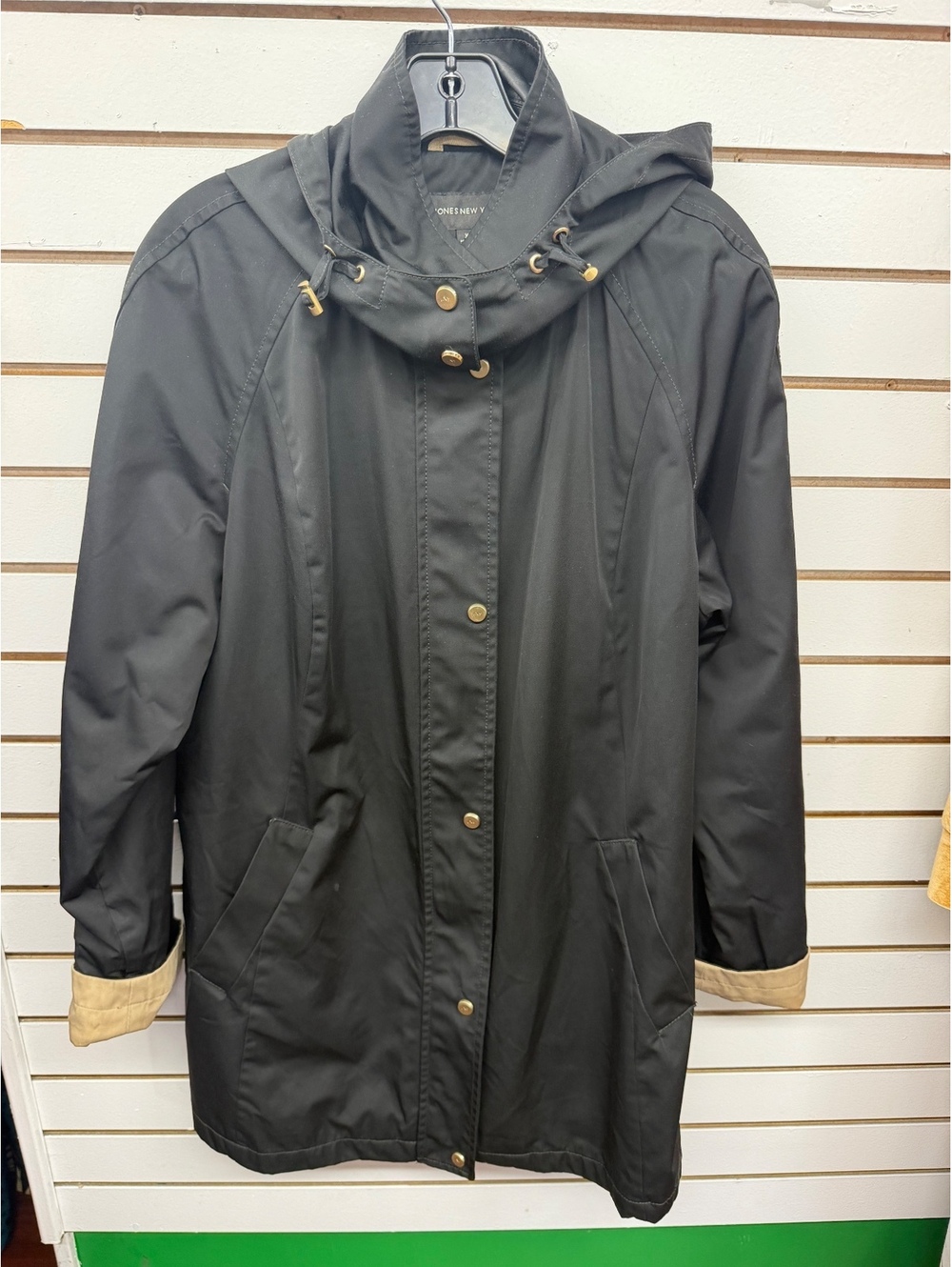 Jones New York Women’s Black Hooded Raincoat Jacket Size XL